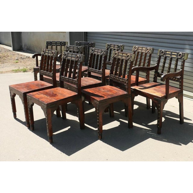 Brown Anglo-Indian Raj Table and Chairs with Metal Decor, 1920s, Set of 11 For Sale - Image 8 of 11