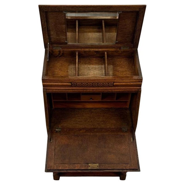 Antique English Golden Oak Secretaire with Mirrored Interior, 1900s For Sale - Image 4 of 14