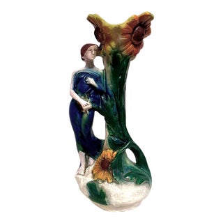 Art Nouveau Chalkware Sculpture Vase Maiden and Sunflowers, Circa 1910 For Sale