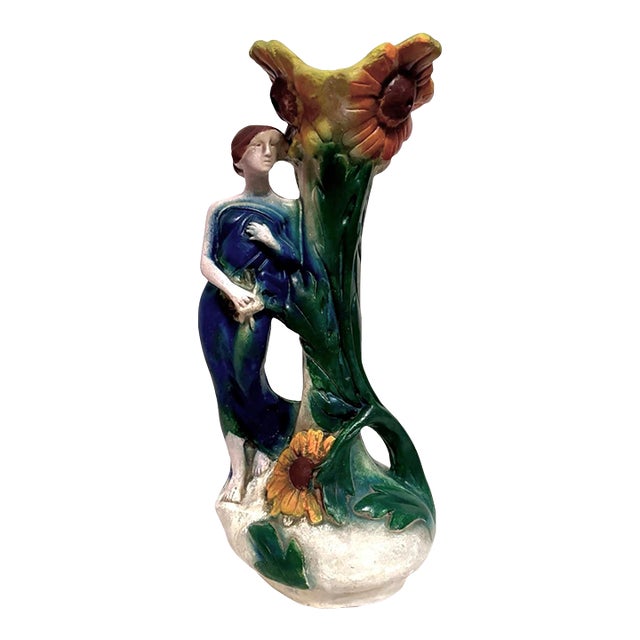 Art Nouveau Chalkware Sculpture Vase Maiden and Sunflowers, Circa 1910 For Sale