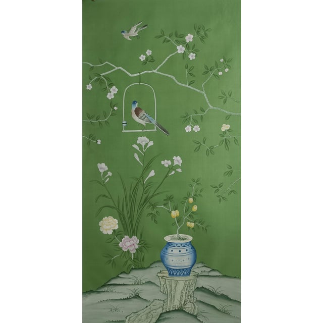 Chinoiserie Chinoiserie Hand-Painted Wallpaper Panels, Emerald Green Background With Floral, Bird & Porcelain Vase Mural, Set of 2 For Sale - Image 3 of 6