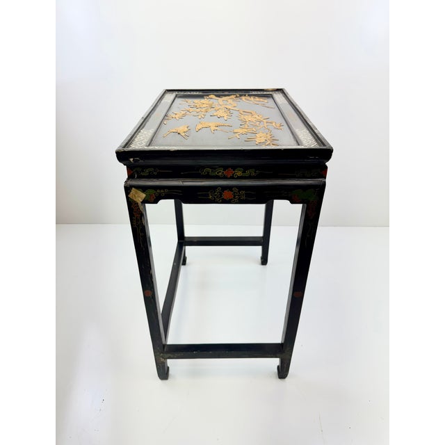 Vintage Black Lacquer Chinoiserie Side Table With Gilt Birds and Floral Motifs For Sale - Image 9 of 13
