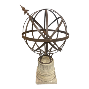 Vintage Wrought Iron Armillary Sphere on Cast Stone Pedestal