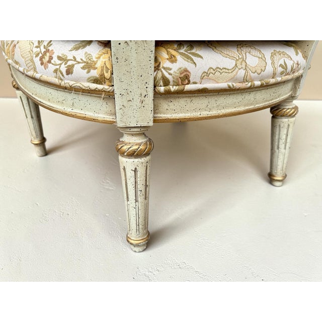 Wood 1950s Pair of Hibriten Chair Co. Louis XVI-Style Bergère Armchairs | Cream & Gilt | Cane Sides | Floral Brocade | Lenoir Nc For Sale - Image 7 of 12