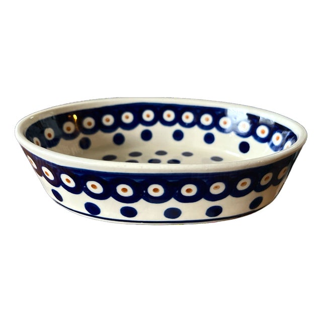 Handmade Polish Pottery Soap Dish — Bolesławiec Blue Dot Pattern For Sale