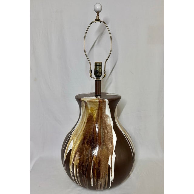 Mid Century Modern Brown White Drip Glaze Pottery Lamp For Sale - Image 10 of 12