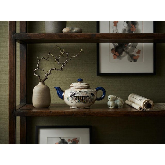 1980s 1980s Asian Oriental Zisha Clay White Glaze Scenery Graphic Display Art Teapot For Sale - Image 5 of 15