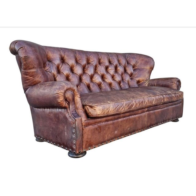 Brown Restoration Hardware Leather Churchill Tufted Sofa For Sale - Image 8 of 18