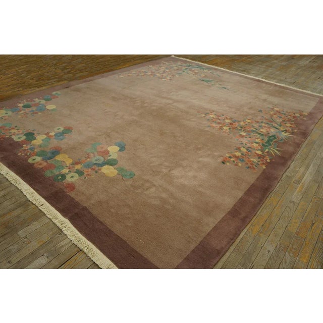Textile 1920s Tan Taupe Open Field Floral Antique Chinese Art Deco Carpet 8'10'' X 11'8'' Knotted Wool Rug For Sale - Image 7 of 12
