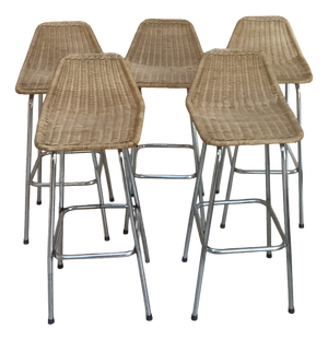 Rattan Bar Stools in the style of Perriand, 1970s, Set of 5