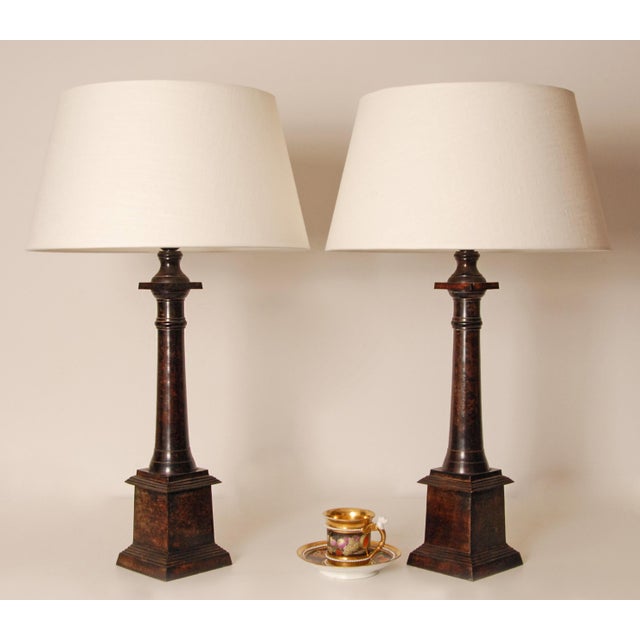 Metal Vintage French Traditional Tablelamps Empire Style Cast Iron Bronze Beige Linen Shade - A Pair For Sale - Image 7 of 11