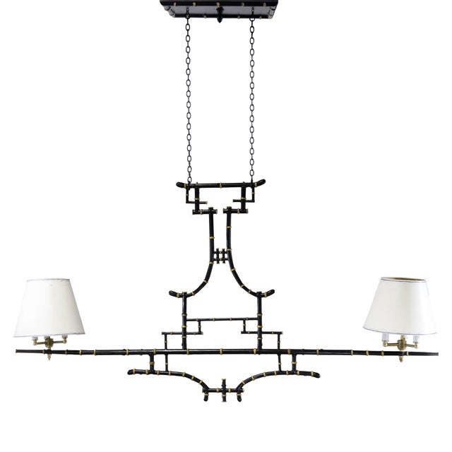Vintage Chinoiserie Faux Bamboo Pagoda Chandelier Black and Gold Linear Island Pendant Light For Sale - Image 12 of 14