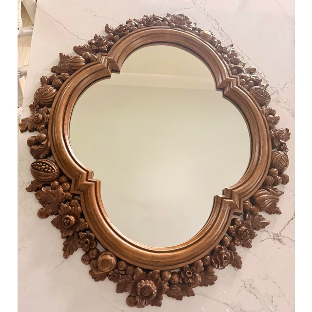 French Provincial Vintage Walnut Carved Fruit, Nut & Floral Quatrefoil Wall Mirror - 24x30 For Sale - Image 3 of 9