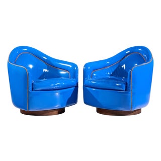 Milo Baughman for Thayer Coggin Mid Century Blue Swivel Tilt Lounge Chairs - Pair For Sale