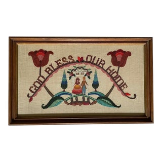 1930s Embroidered "God Bless Our Home" Framed Crewelwork For Sale