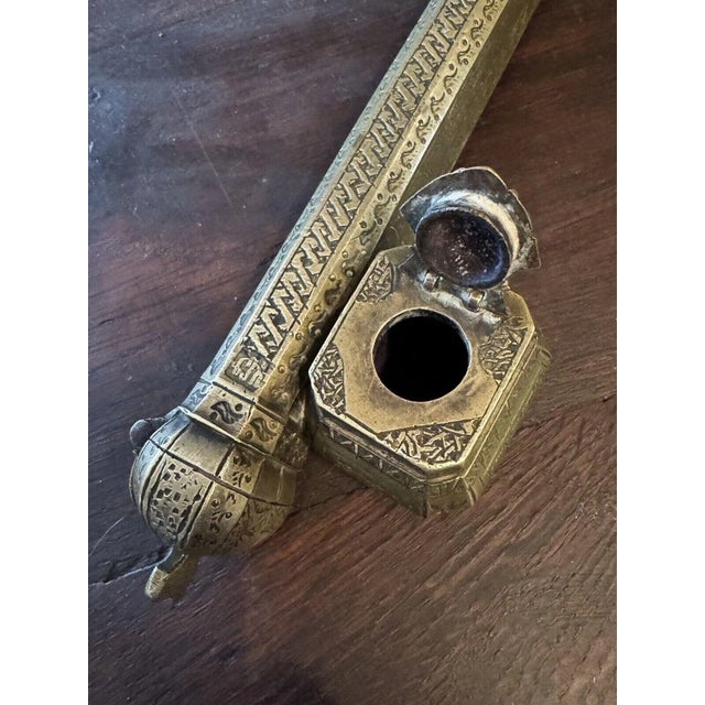 Late 19th Century 9.5" Antique Ottoman Empire Engraved Bronze Qalamdan Pen Case Inkwell For Sale - Image 5 of 12