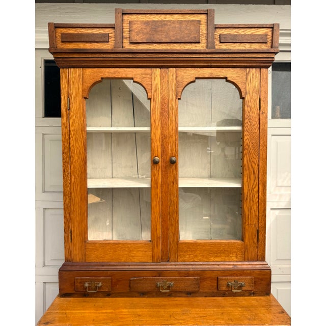 Traditional Early 1900s Architectural Oak Display Glass-Front Cabinet on Chest For Sale - Image 3 of 18