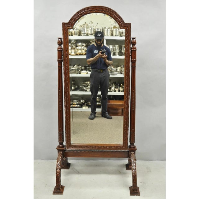 Contemporary Carved Mahogany Frame Italian Renaissance Style Tall Pivoting Dressing Cheval Mirror by Wellington. Circa...