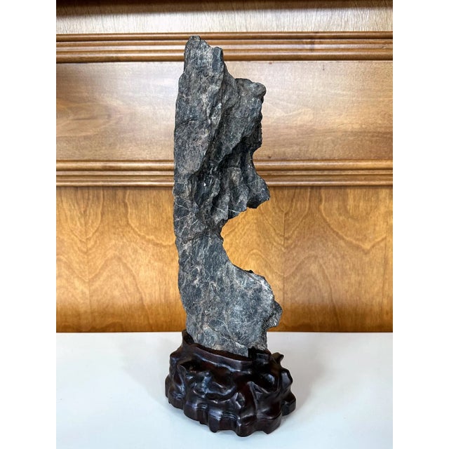 Charcoal Antique Chinese Scholar Rock Yingde Stone on Display Stand For Sale - Image 8 of 12