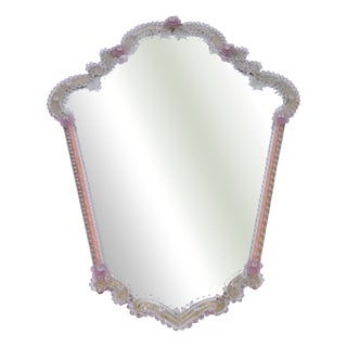 Mid-Century Italian Scalloped Murano Glass Wall Mirror with Pink Flowers, 1970s For Sale