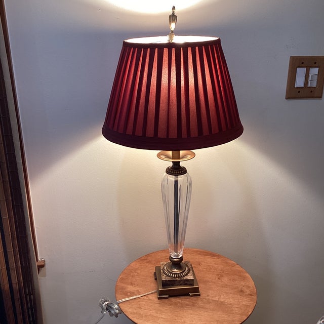 Mid 20th Century Mid 20th Century Bombay Fine Cut Crystal Column Brushed Oiled Bronze Table Lamp on Marble Base With Burgundy Pleated Shade For Sale - Image 5 of 12