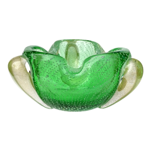 Murano Seguso Vetri d'Arte Green Gold Flecks Sommerso Bubbles Vintage Italian Art Glass Bowl Ashtray