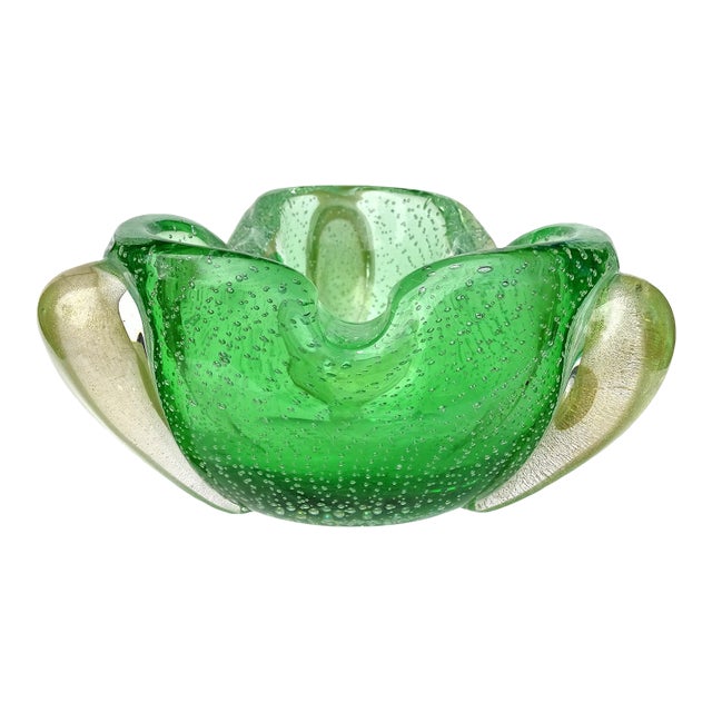 Vintage Murano Seguso Vetri d'Arte Gold Flecks Green Sommerso Bubbles Italian Art Glass Bowl Ashtray For Sale