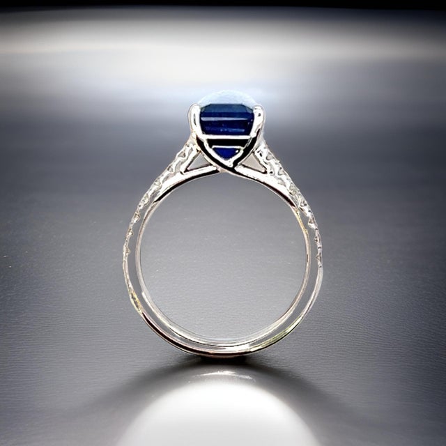 Metal Natural Sapphire Diamond Ring 14k W Gold 3.18 TCW Certified, , Size 7 For Sale - Image 7 of 18