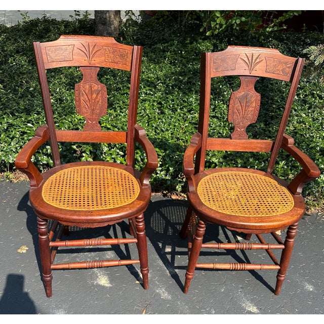 Wood Pair of Late 19th Century Victorian Walnut Hand Caned Chairs For Sale - Image 7 of 9