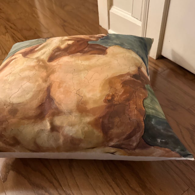 Hand painted large square pillow with down filling, depicting the creation of Adam, painted Adam’s torso and face by...