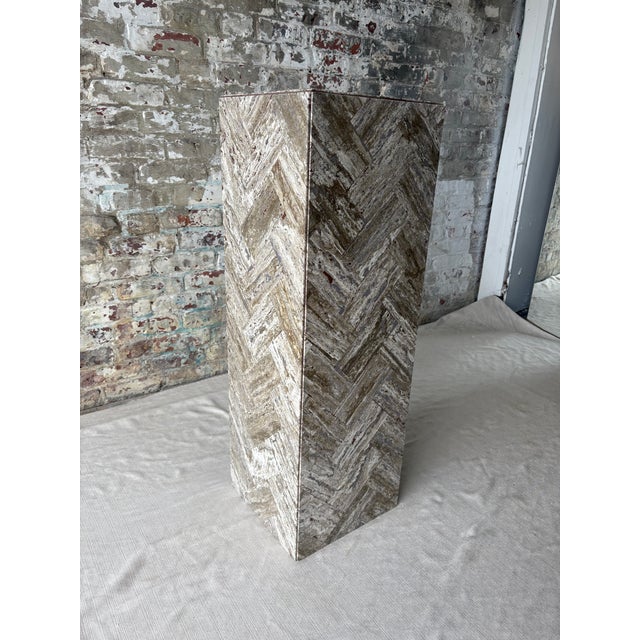 Contemporary Gray Stone Herringbone Pedestal With Sculptural Geometric Inlay For Sale - Image 3 of 9