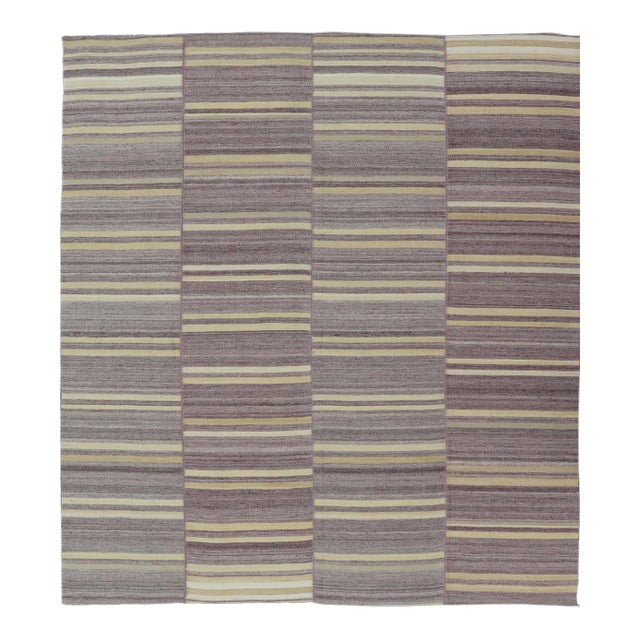 Elegant Vintage Turkish Kilim Rug With Mauve and Yellow Stripes 9'6 X 11'0 For Sale