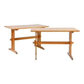 Mid 20th Century Pair of Vintage Mid-Century Pine Trestle Base Writing Tables For Sale