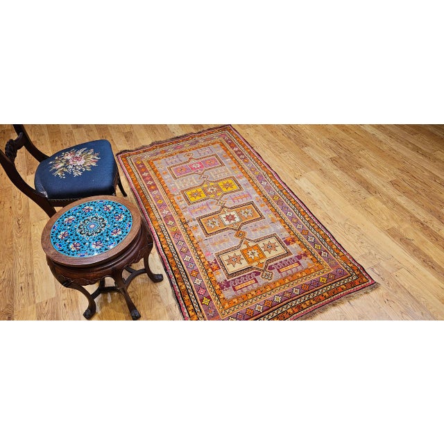 Vintage Moroccan Tribal Rug, Hand-Knotted Wool, Geometric Pattern, Yellow & Purple, 4' X 7' For Sale - Image 9 of 17