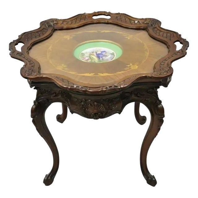 Antique French Louis XV Walnut Coffee Table W/ Angelica Kauffman Porcelain Dish For Sale
