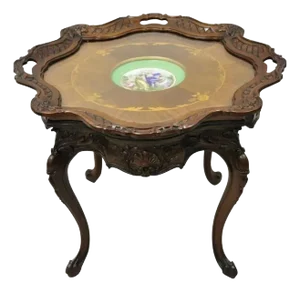 Antique French Louis XV Walnut Coffee Table W/ Angelica Kauffman Porcelain Dish