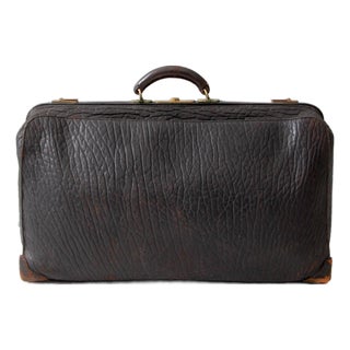 Antique 1920s Black Leather Suitcase With Brass Hardware For Sale
