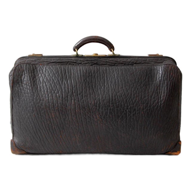 Antique 1920s Black Leather Suitcase With Brass Hardware For Sale