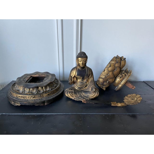 Japanese Antique Gilt Wood Amitabha Buddha on Loctus Throne Statue For Sale - Image 17 of 17