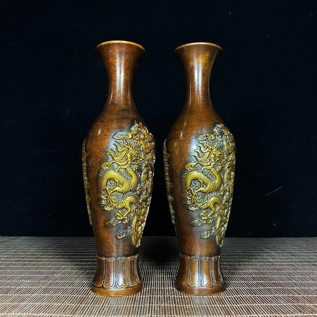 1950s Pair of Gilt Bronze Vases With Dragon & Phoenix Relief — Dragon-Phoenix Auspicious Motif For Sale - Image 5 of 9