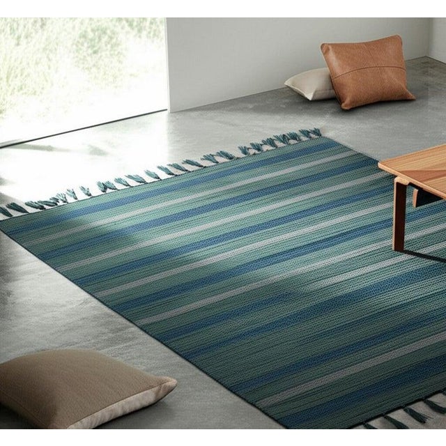 5x8 Blue Flat Weave Wool Bamboo Silk Coastal Horizon Striped Modern Carpet Rug For Sale In New York - Image 6 of 7