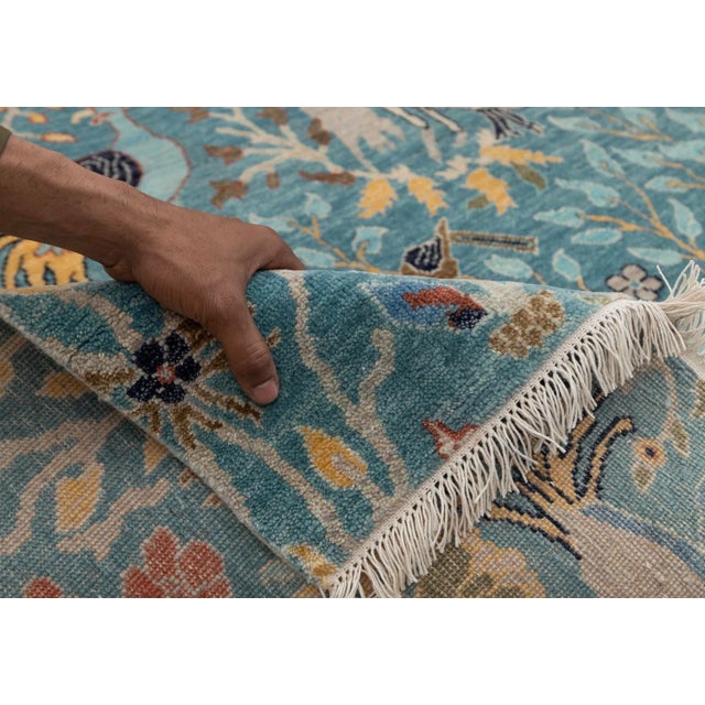 Blue Peacock Birds Garden Scene Soft Hand Knotted Hand Spun Wool Rug 5x7Ft. For Sale - Image 13 of 18