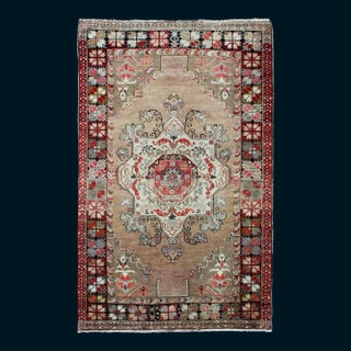 Vintage Turkish Oushak Rug Medallion Floral Design With Earth Tone & Pops of Red For Sale