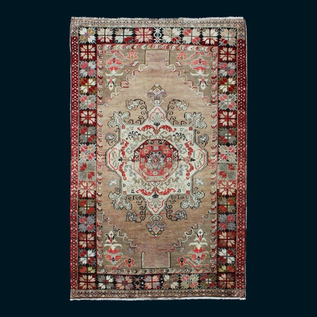 Vintage Turkish Oushak Rug Medallion Floral Design With Earth Tone & Pops of Red For Sale