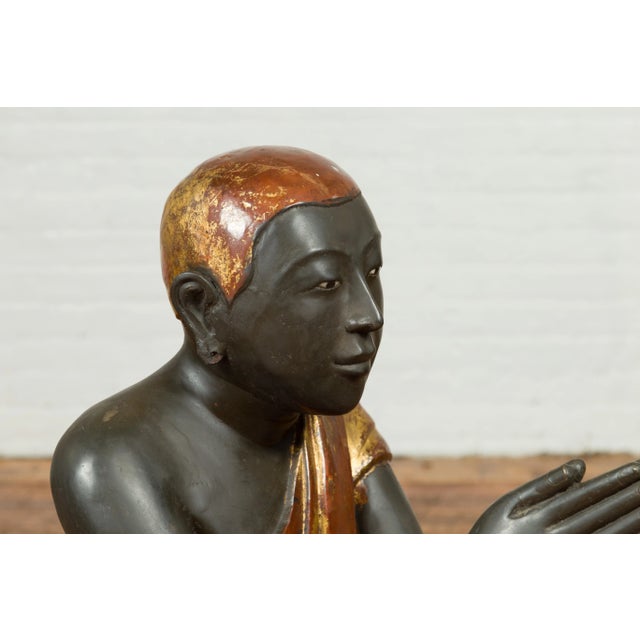 Mid 19th Century Thai Kneeling Ceremonial Temple Monk Lacquered and Gilt Sculpture For Sale - Image 12 of 13