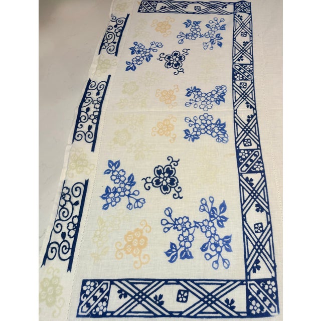 Textile Vintage Blue and White Hand Blocked Chinoiserie Hemstitched Linen Table Cloth For Sale - Image 7 of 10