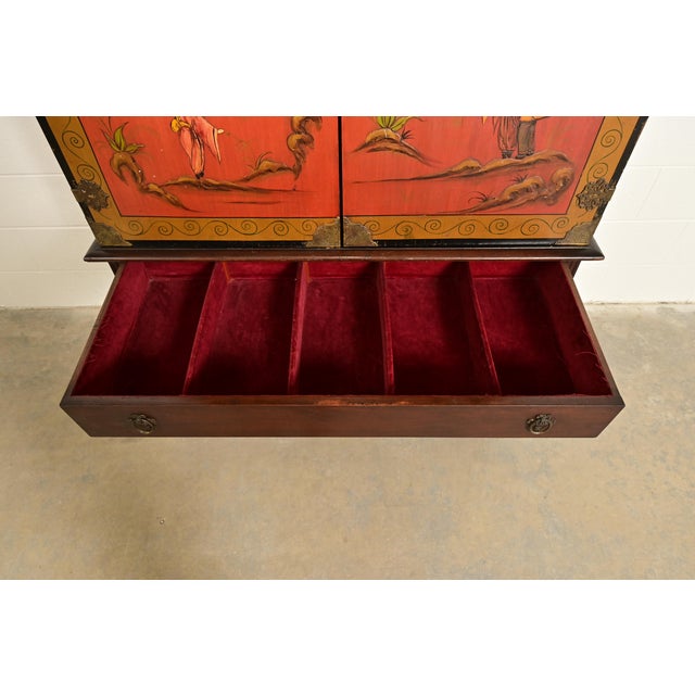 Wood Hollywood Regency Chinoiserie Red Lacquered Hand Painted Bookcase or Bar Cabinet, Circa 1920s For Sale - Image 7 of 17