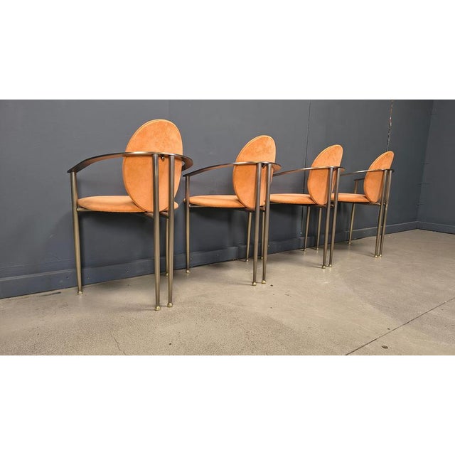 Set of four elegant dining room chairs manufactured by Belgochrom. Nicely designed metal frames with elegant legs....