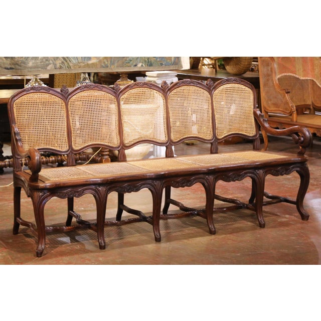 19th Century French Louis XV Carved Oak Five-Seat Caned Settee For Sale In Dallas - Image 6 of 12