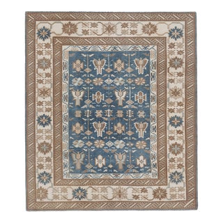 Handknotted Square Blue Wool Turkish Kars Rug For Sale